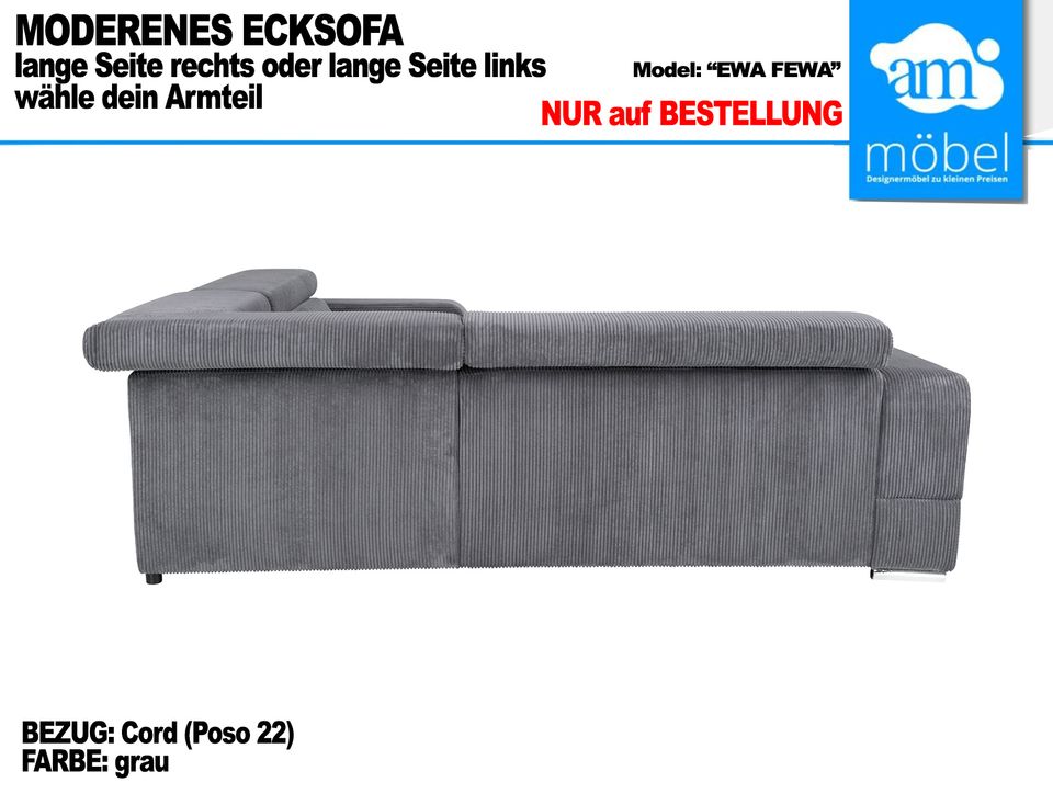 Sofa Couch Wohnlandschaft L Form auf Bestellung, in Cordstoff gra in Bremen