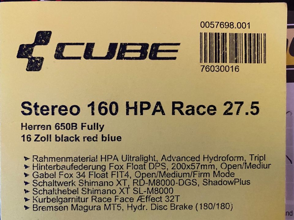 Cube Stereo 160 HPA Race 27.5, Rahmenhöhe 16 Zoll in Freising