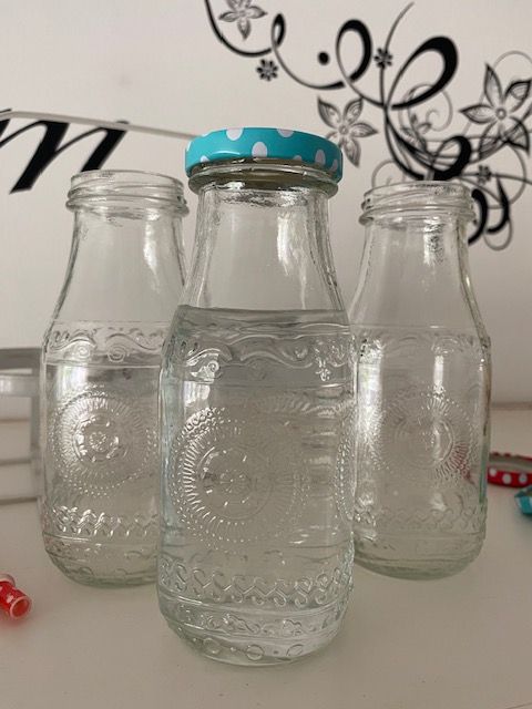 6er Set Glas Relief Trinkflaschen mit Deckel + Metall Tragekorb in Schöllnach