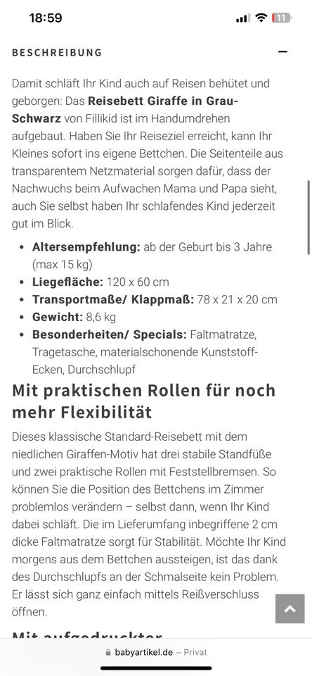 Fillikid Reisebett 120x60cm in Lehre