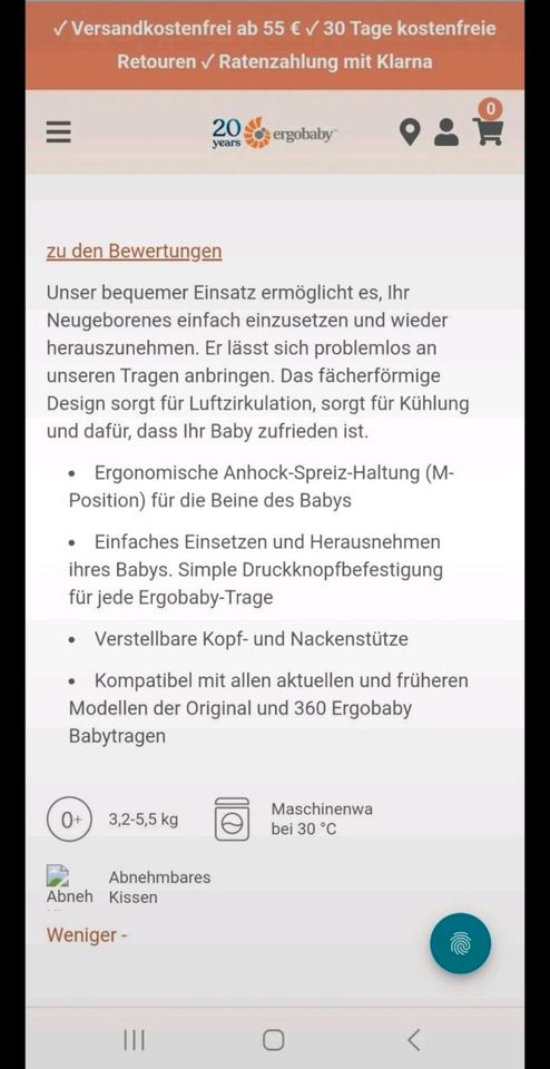 Ergobaby Original Babytrage mit Neugeborenen-Einsatz (unbenutzt!) in Oberasbach