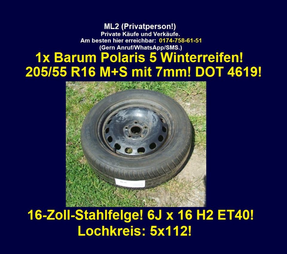 Winterreifen Barum 205 55 R16 M+S 7mm 5x112 16 Zoll Stahlfelge in Bad Sobernheim