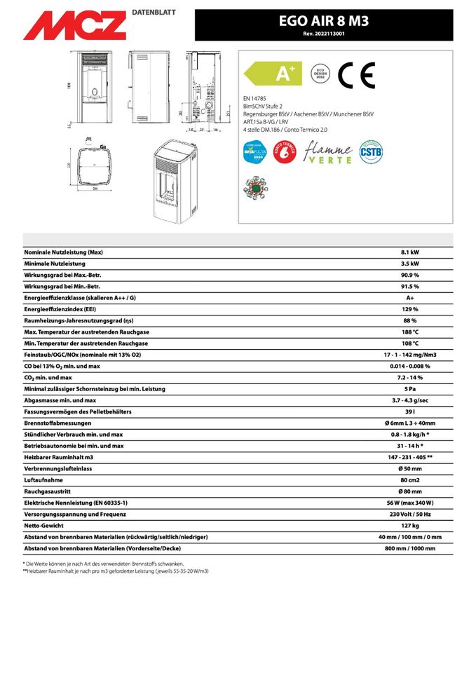 MCZ Pelletofen EGO Air 8 R * Tank 26 * Wi-Fi * incl. Lieferung in Dittelbrunn