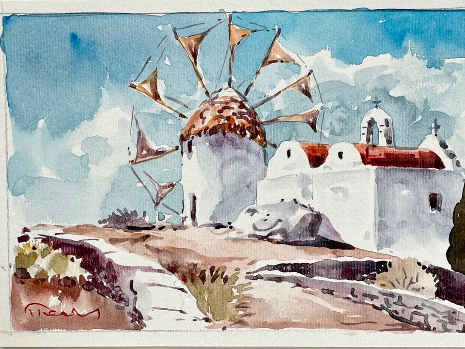 * AQUARELL GRIECHENLAND INSELN SANTORINI KAPATHOS WINDMÜHLE KAPEL in Berlin