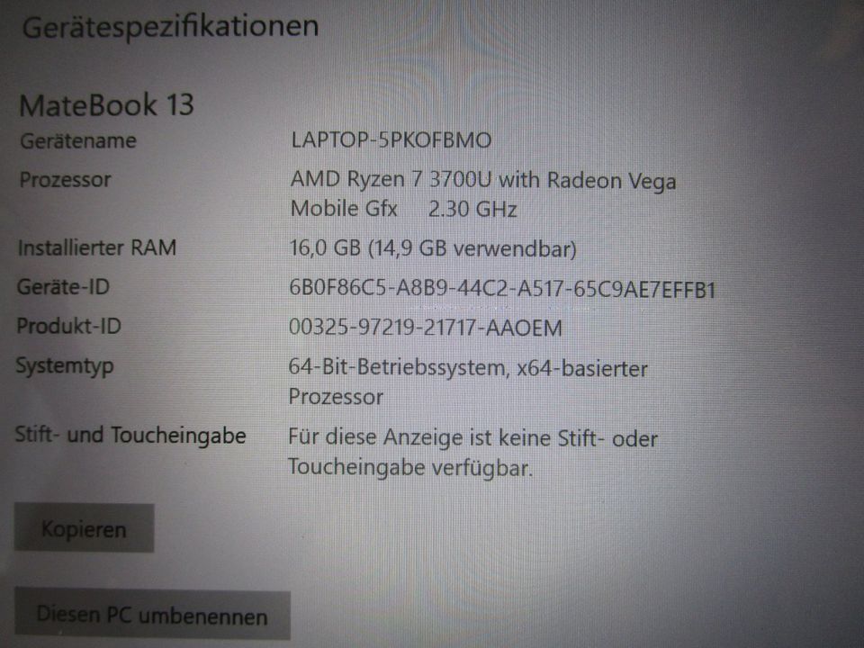 LML1: HUAWEI MateBook 13 AMD Ryzen 7 2,3GHz 16GB RAM Win 10 135GB in Plauen