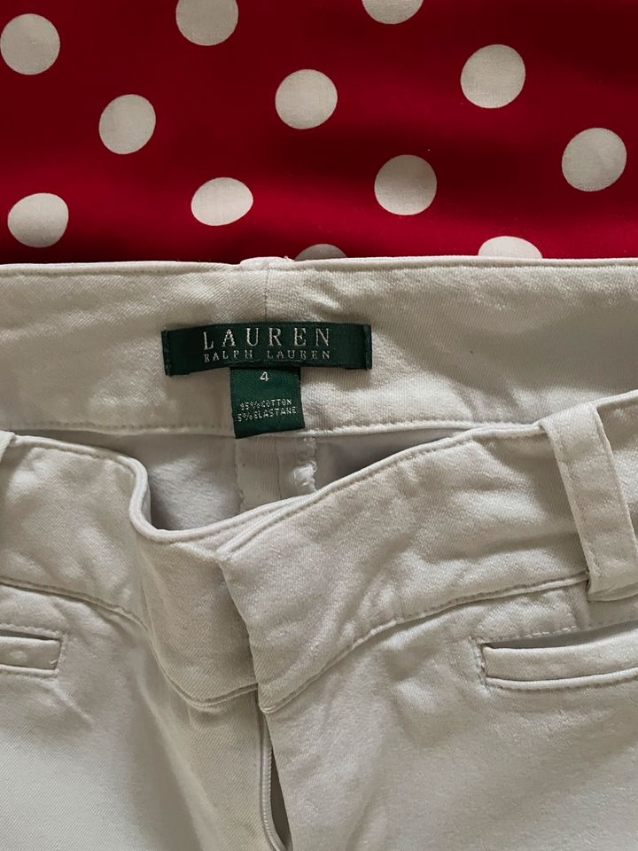 Ralph Lauren Hose, weiß+Esprit EDC Bluse, rot mit weiß Punkten in Essen