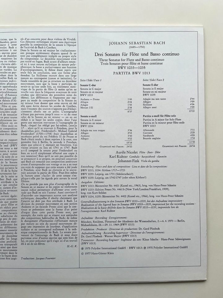 LP Bach - Flöten-Sonaten BWV 1033-1035, Nicolet, Richter, Fink in Dortmund