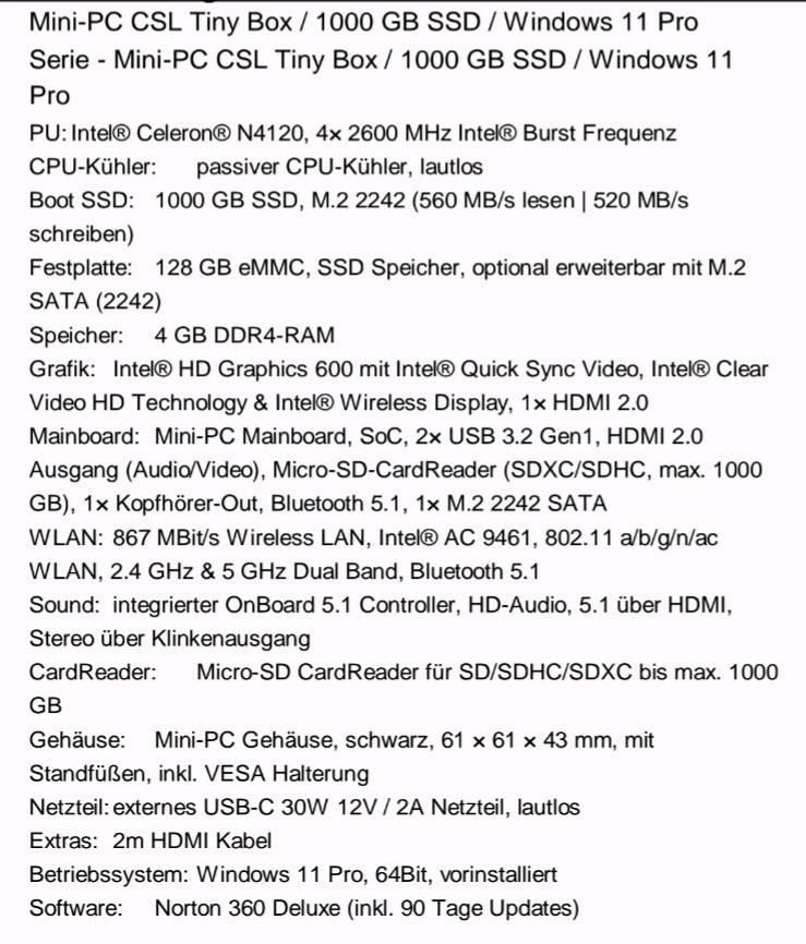 CSL Tiny Box (Mini Rechner/PC) NEU in Adendorf