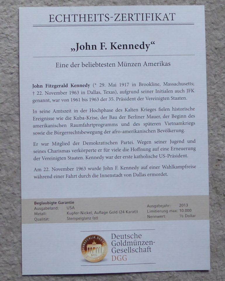 Sondermünze USA John F. Kennedy 24 Karat Gold veredelt in München