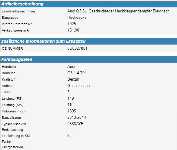 Audi Q3 8U Gasdruckfeder Heckklappendämpfer Elektrisch 8U0827851 in Bottrop