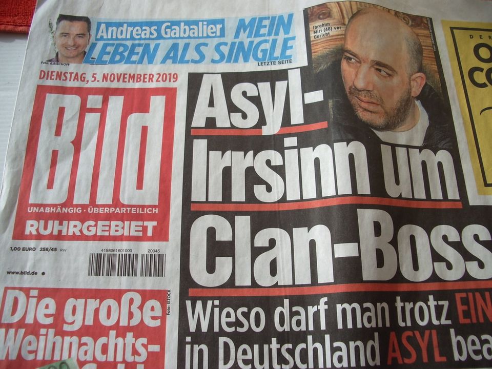 Bild Zeitung ☀️ 5 November 2019 ☀️ ASYL IRRSINN um CLAN-BOSS MIRI in Bottrop