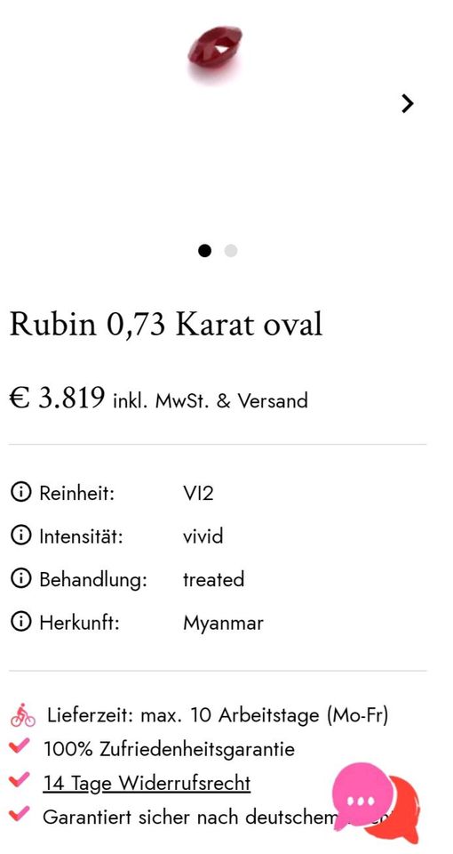 Rubin 0,7ct verblombt mit Zertifikat und Registrierung in England in Wesel