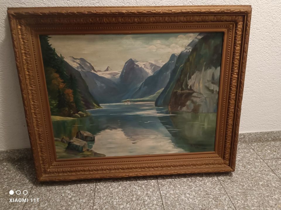 Antikes Gemälde Öl auf Leinwand von 1934 in Auenwald