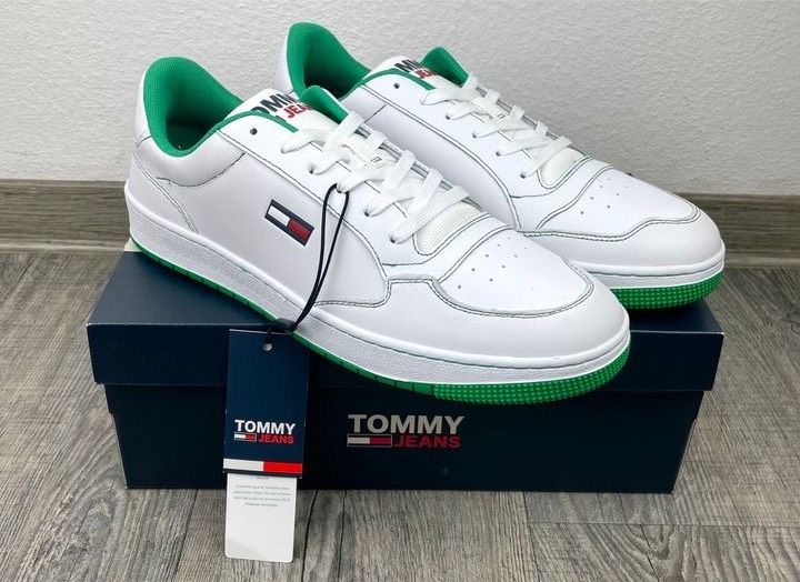 ✅NEU Tommy Hilfiger Jeans Sneaker 43/44/45 Leder Schuhe Weiß Grün in Offenbach