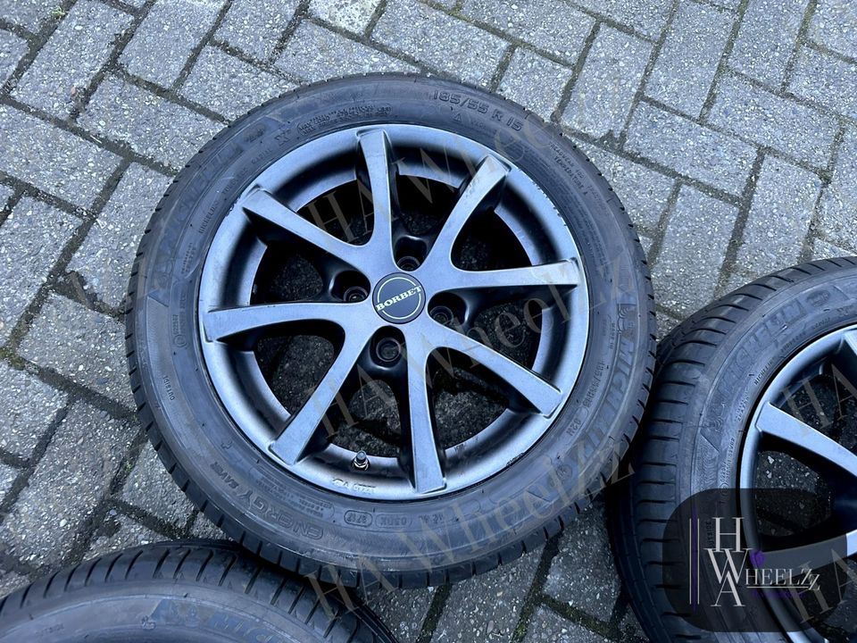 BORBET Alufelgen grau Sommerräder 4x100 ➡️ 185/55 R15 MICHELIN Sommerreifen ➡️ Hyundai Accent Getz i10 Kia Picanto JA Nissan Micra K12 K13 ➡️ Sommer Reifen Felgen ET35 in Bünde