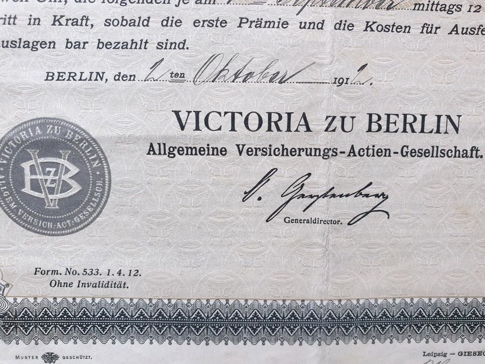 Police Viktoria Lebensversicherung, Versicherungsschein von 1912 in Königswinter