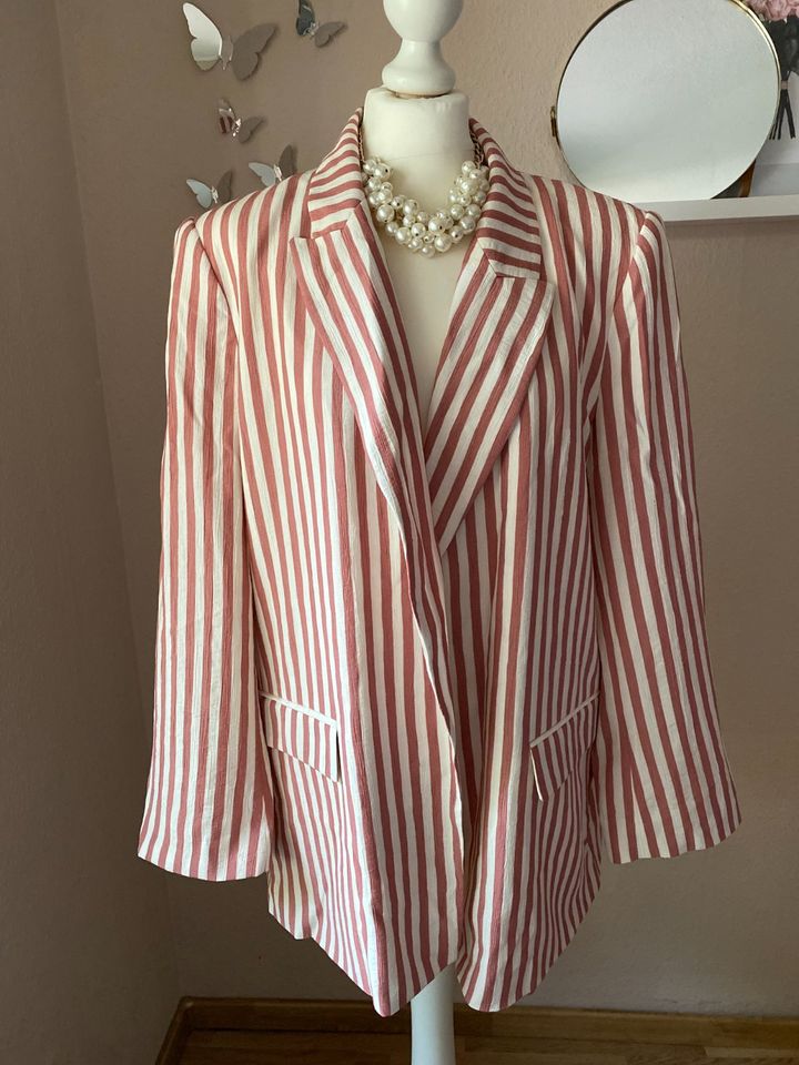 NEU! Zara Blazer Candy pink-weiß gestreift mit Etikett XL in Hoya