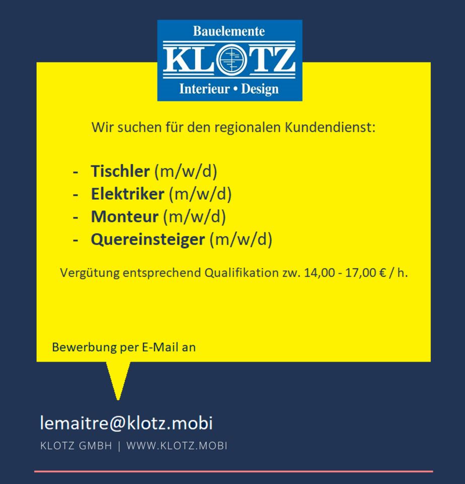 Tischler / Elektriker / Monteur / Quereinsteiger (m/w/d) gesucht! in Merseburg