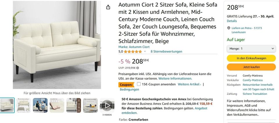 Loveseat Kleines Sofa , Couch Loungesofa Kissen & Armlehnen Neu in Leverkusen