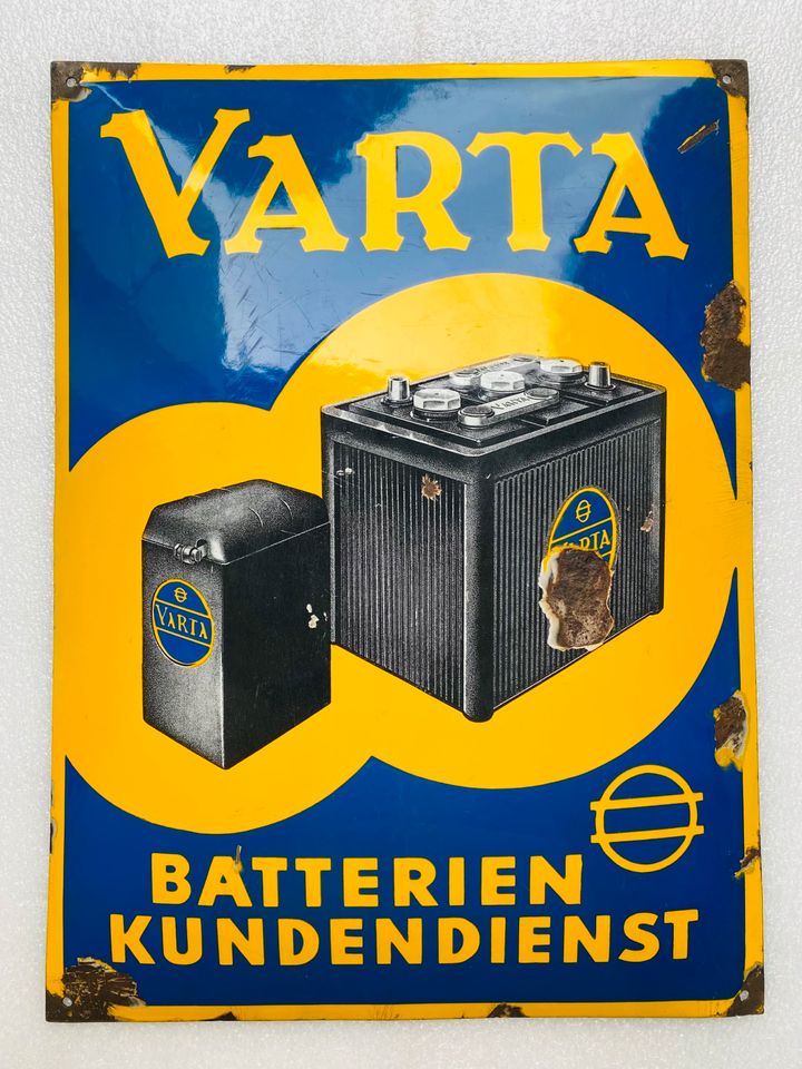 ‼️ EMAILSCHILD Varta Batterien Emailleschild um 1930 in Schiffweiler