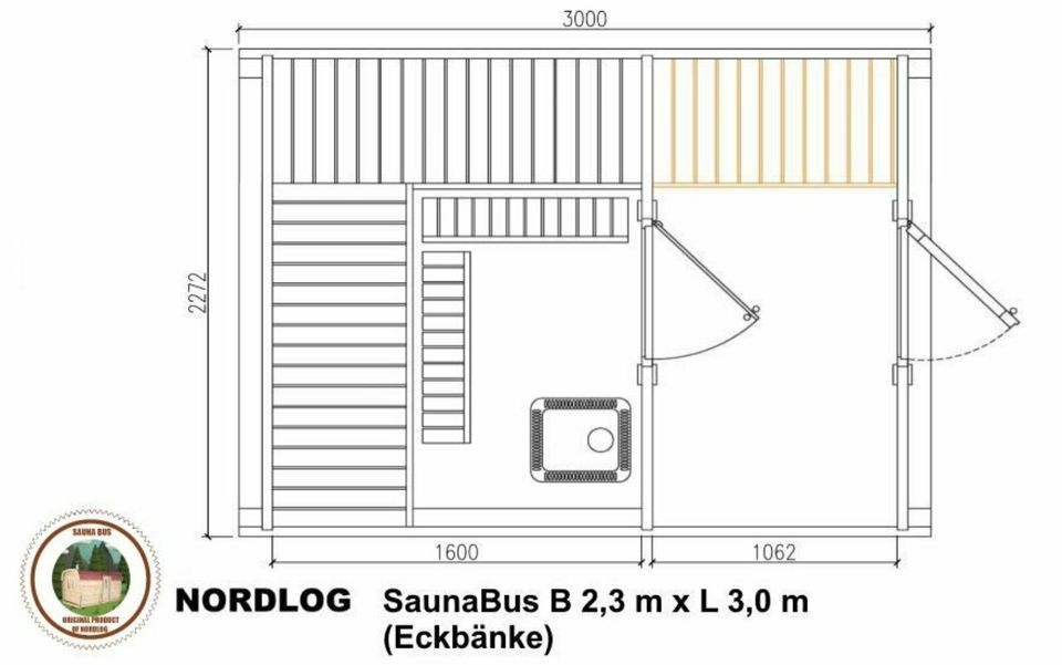 LUXURY NordLog SAUNA BUS 2,3 x 3,0m /Eckbänke/ GARTENSAUNA in Weil der Stadt