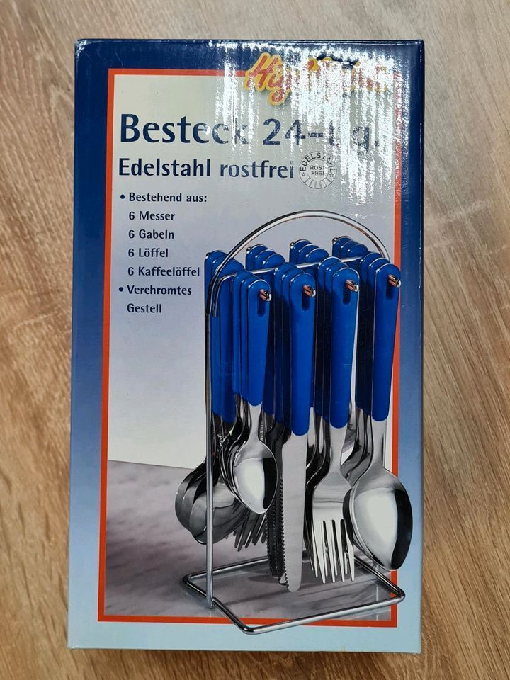NEU Besteck 24 teilig Edelstahl rostfrei blau Messer Gabel Löffel in Euskirchen