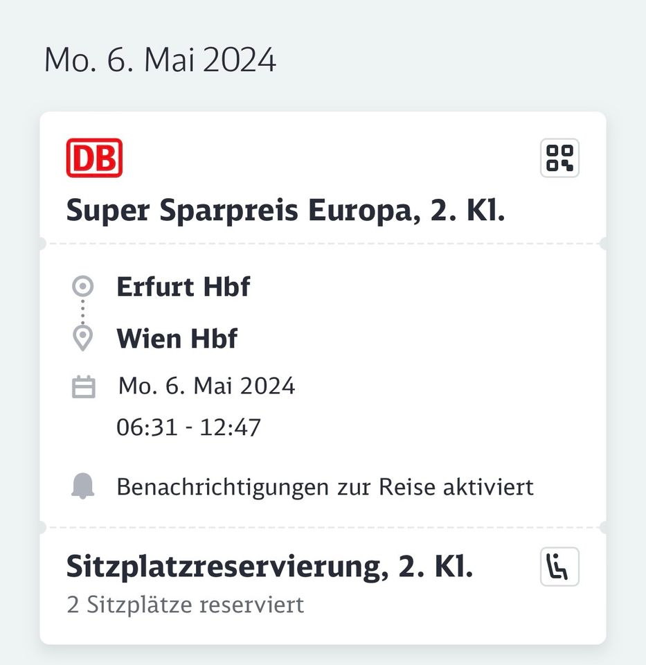 ICE Bahnticket Erfurt nach Wien am 06.05.2024 in Erfurt