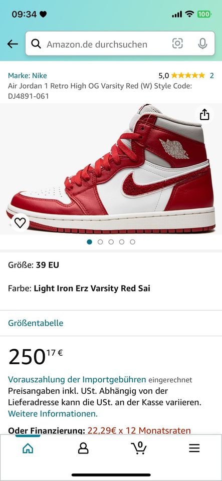 Nike Air Jordan 1 Retro High OG Varsity Red in Schwaig