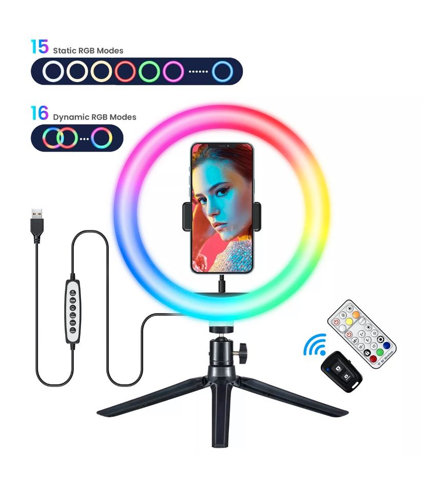 RGB LED Ringlicht Ringleuchte Lampe Handyhalter Selfie Stativ in Bebra