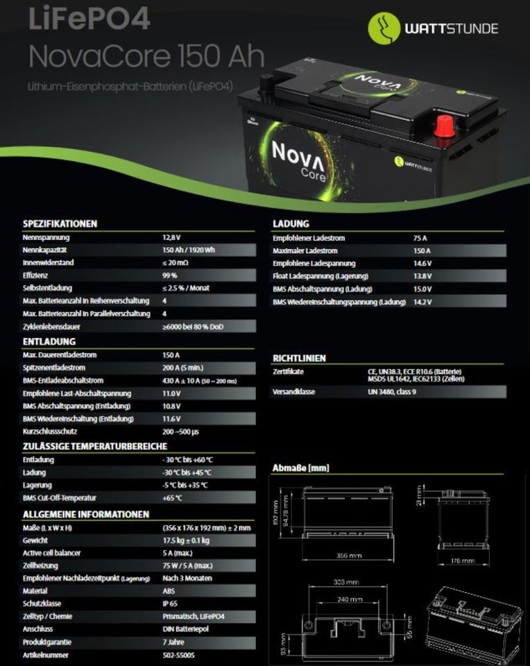 ☀️ WATTSTUNDE® NOVA Core 150Ah Batterie LiFePO4 ☀️ in Hannover