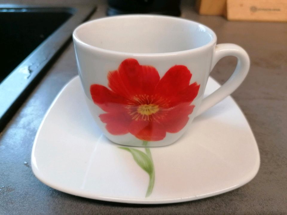 8 Tassen mit Untertasse, rote Blüte in Tüttendorf