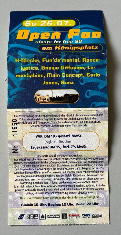 Ticket H-Blockx 26.7.1998 München Königsplatz in Laupheim