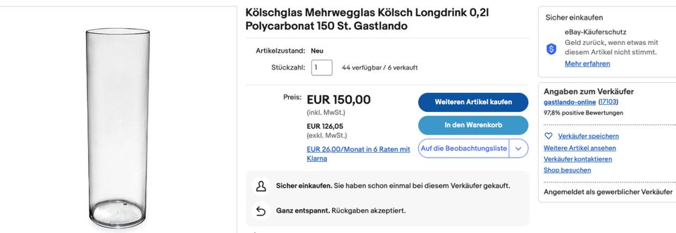 Mehrwegglas Kölsch / Longdrink 0,2 Liter Gastro Kölner Stange PC in Hornburg