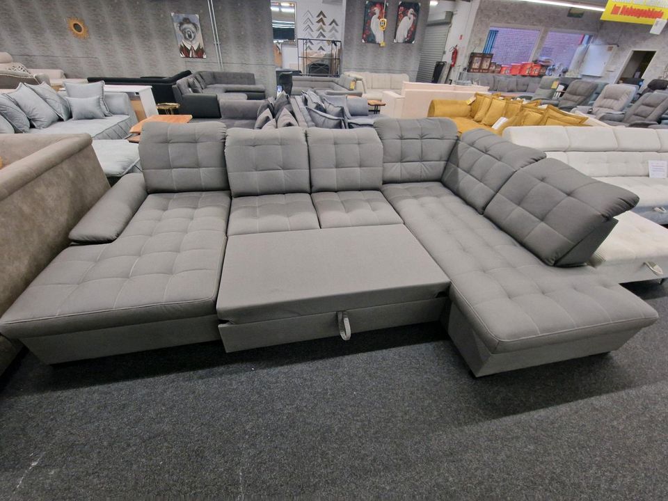 Sofa Couch Multifunktionssofa XXL-Wohnlandschaft U-Form grau mit Schlaffunktion und Bettkasten verstellbarer Sitztiefe in Osnabrück