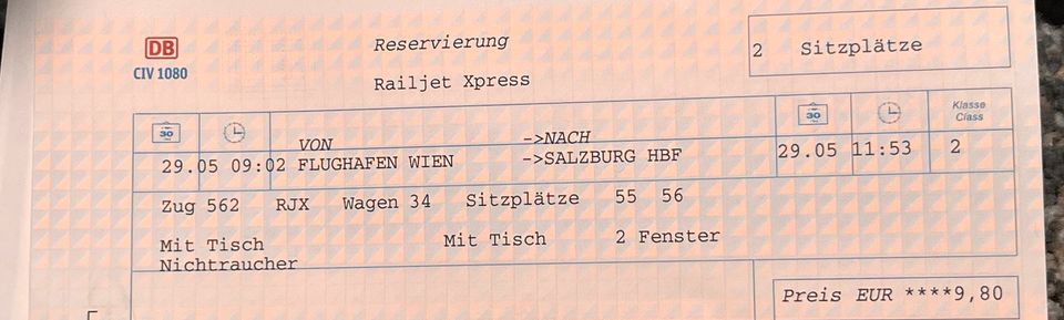 Zugticket von Flughafen Wien nach Stuttgart Hbf 110€ VB in Ötisheim