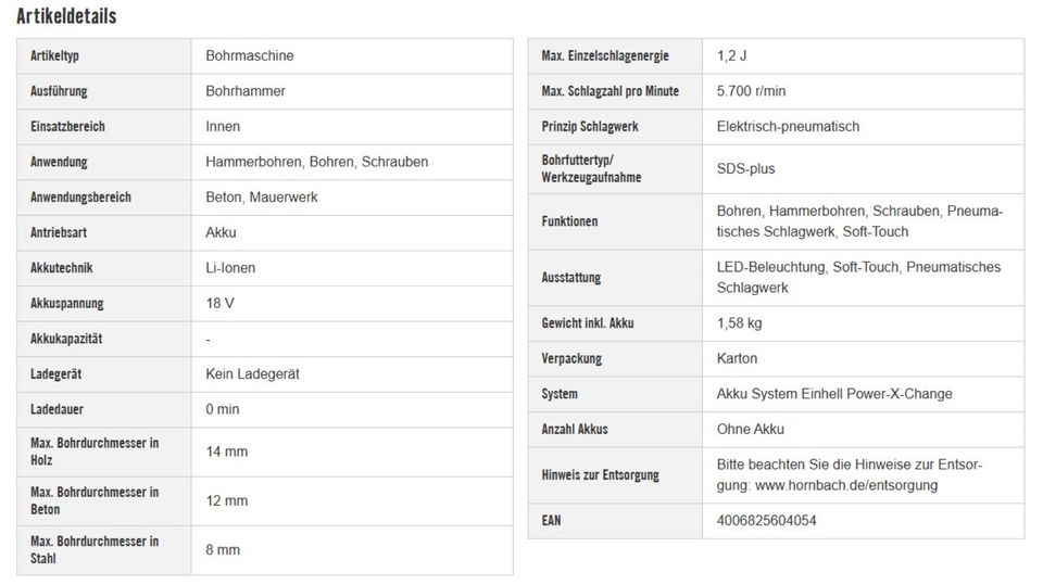 AKTION Akku-Bohrhammer Einhell Power X-Change TE-HD 18 Li in Pforzheim