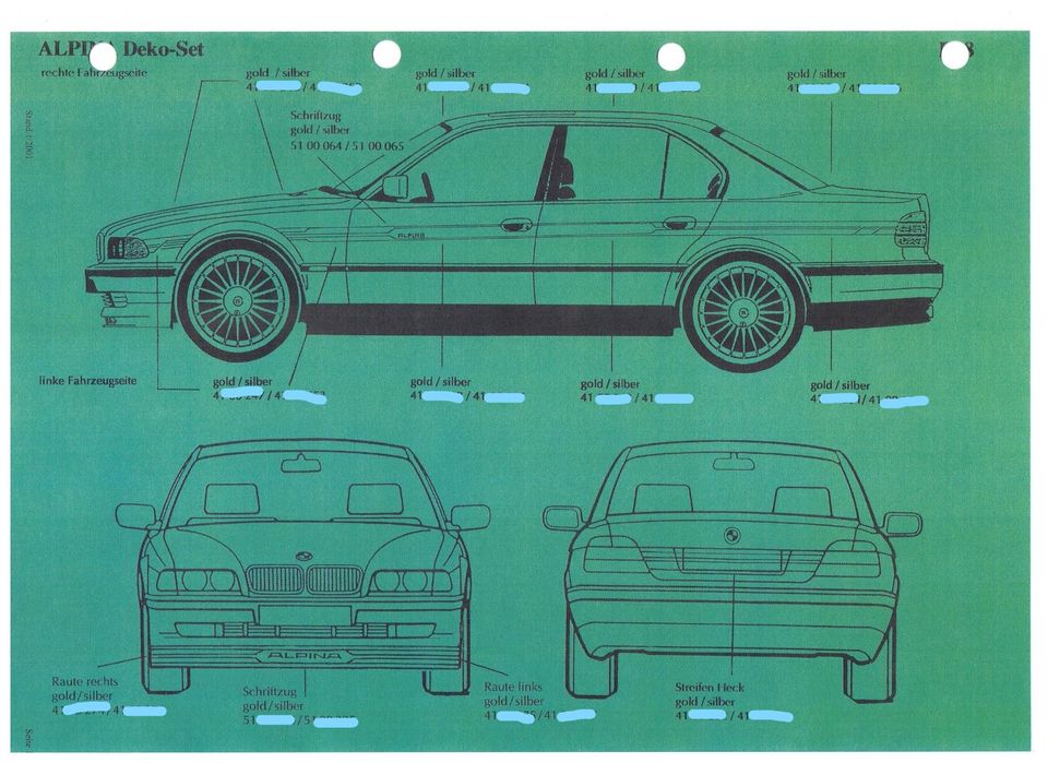 Kopie Einzelaufstellung ALPINA Deko-Set gold/silber 7er E38 DINA4 in Peiting
