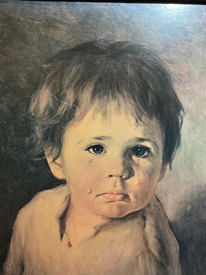 RIESIG Antikes Gemälde Bild Giovanni Bragolin Weinender Junge in Sankt Augustin
