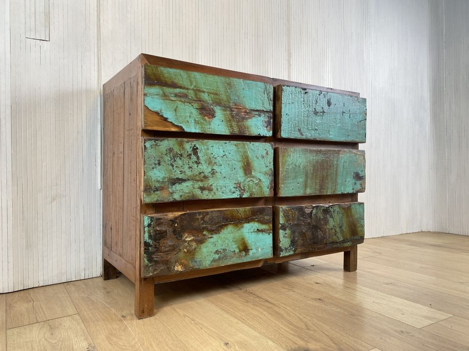 Boatwood by WMK # Meeresblaue Schubladenkommode aus altem Bootsholz, ein handgefertigtes Unikat aus massivem Teakholz # Schrank Kommode Wäschekommode Sideboard Wickelkommode Flurkommode Chest Teak in Berlin