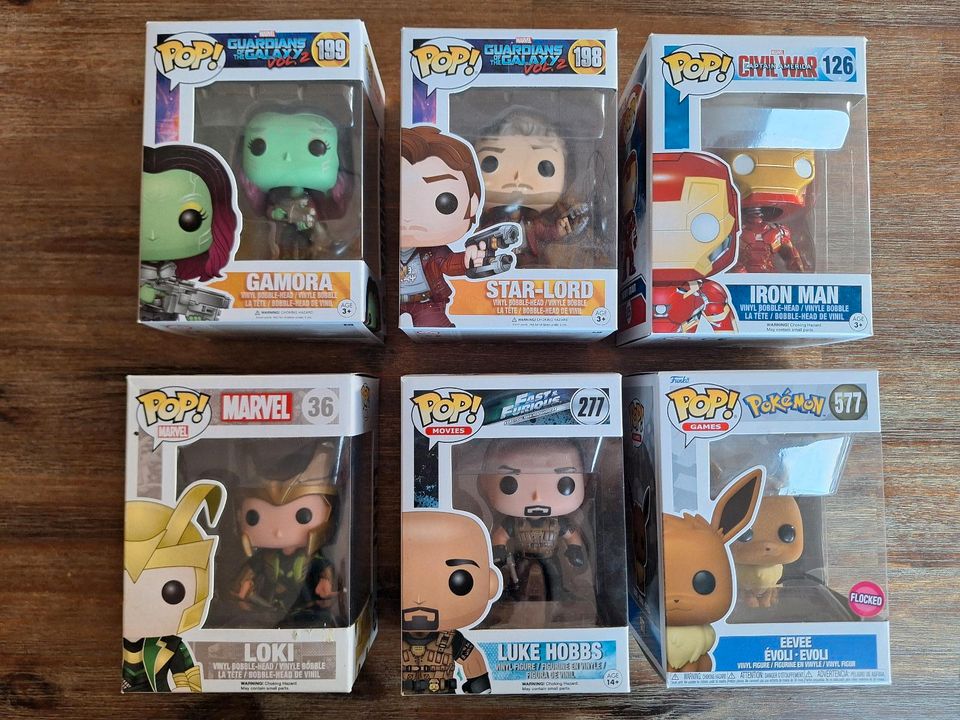 Funko Pop Loki, Gamora, Star Lord, Iron Man, Hobbs, Evoli in Dresden