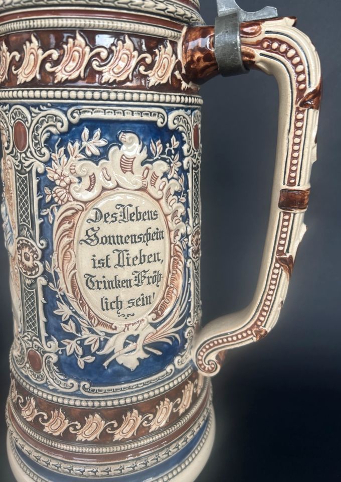 Antiker seltener Keramik Bierkrug Relief, Zinndeckel 1897 , 3L in Buxtehude