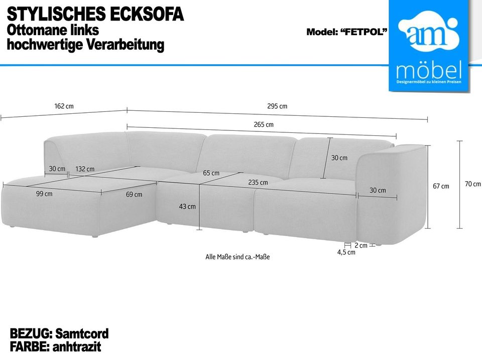 Sofa Couch Wohnlandschaft L Form Modulsofa Samtcord anthrazit in Bremen