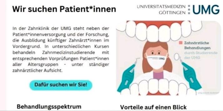 Patient*innen gesucht für Studentenkurs Zahnmedizin in Göttingen