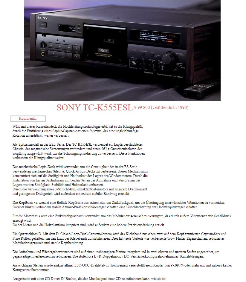 Sony TC K 555 ESL (970 ES +++) Masterpiece Japan 1990 komplett in Freilassing