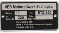 Typenschild MZ, ETZ 250 Motorrad Nordrhein-Westfalen - Kalletal Vorschau