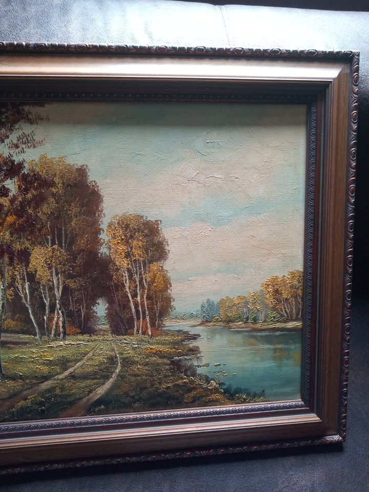 Ölgemälde Bilderrahmen Bild Kunst Herbst Landschaft Birke Fluss in Marsberg