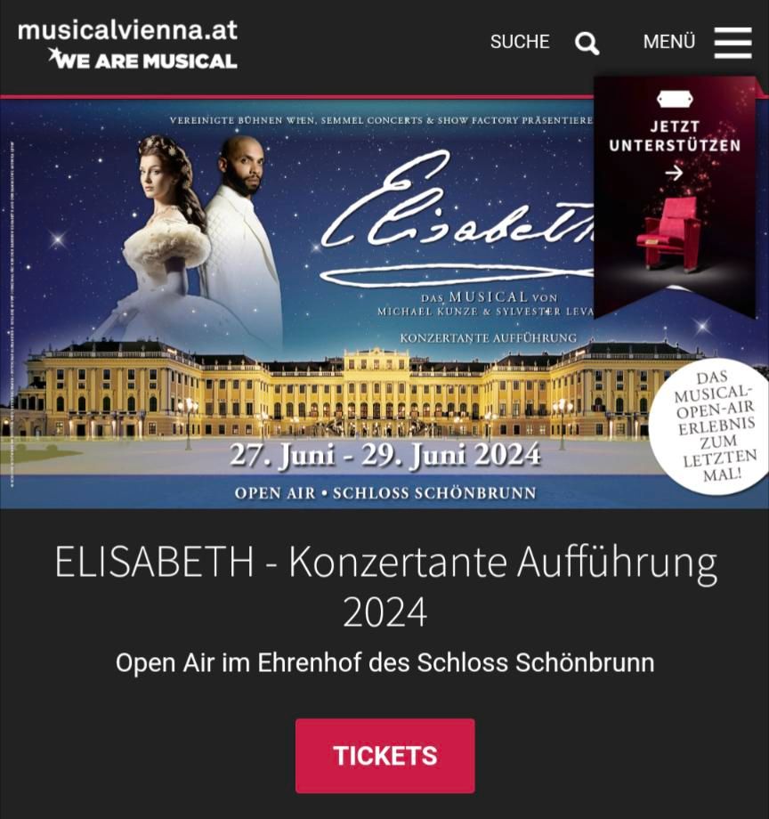 2 Tickets Musical Elisabeth Schloss Schönbrunn Wien 28.06.2024 in Tutzing