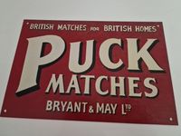 Puckstreichhölzer Werbeschild Puck Matches Bryant May Blechschild Nordrhein-Westfalen - Schwerte Vorschau