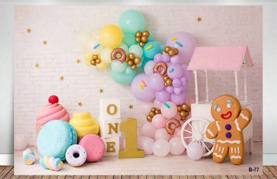 Neugeborenes 1. Geburtstags-donuts-eis Fotoautomat Hintergründe Cake Smash Einjähriges Mädchen Junge Rosa Blaue Luftballons Blumenparty Fotografie Hintergründe Fotozone in Dortmund