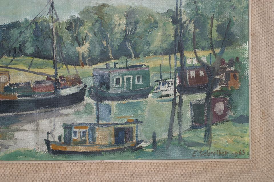 ORIGINAL Acryl Malerei Hausboote - handsigniert E. Schreiber 1963 in Bremerhaven